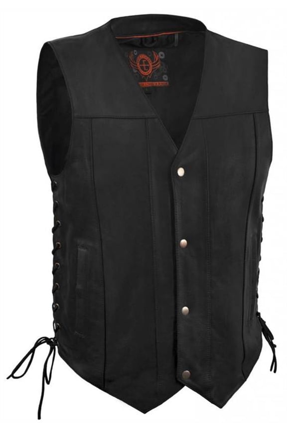 Men's Side Laces Leather Vest with Inside Deep Pockets (Black, Size M)
