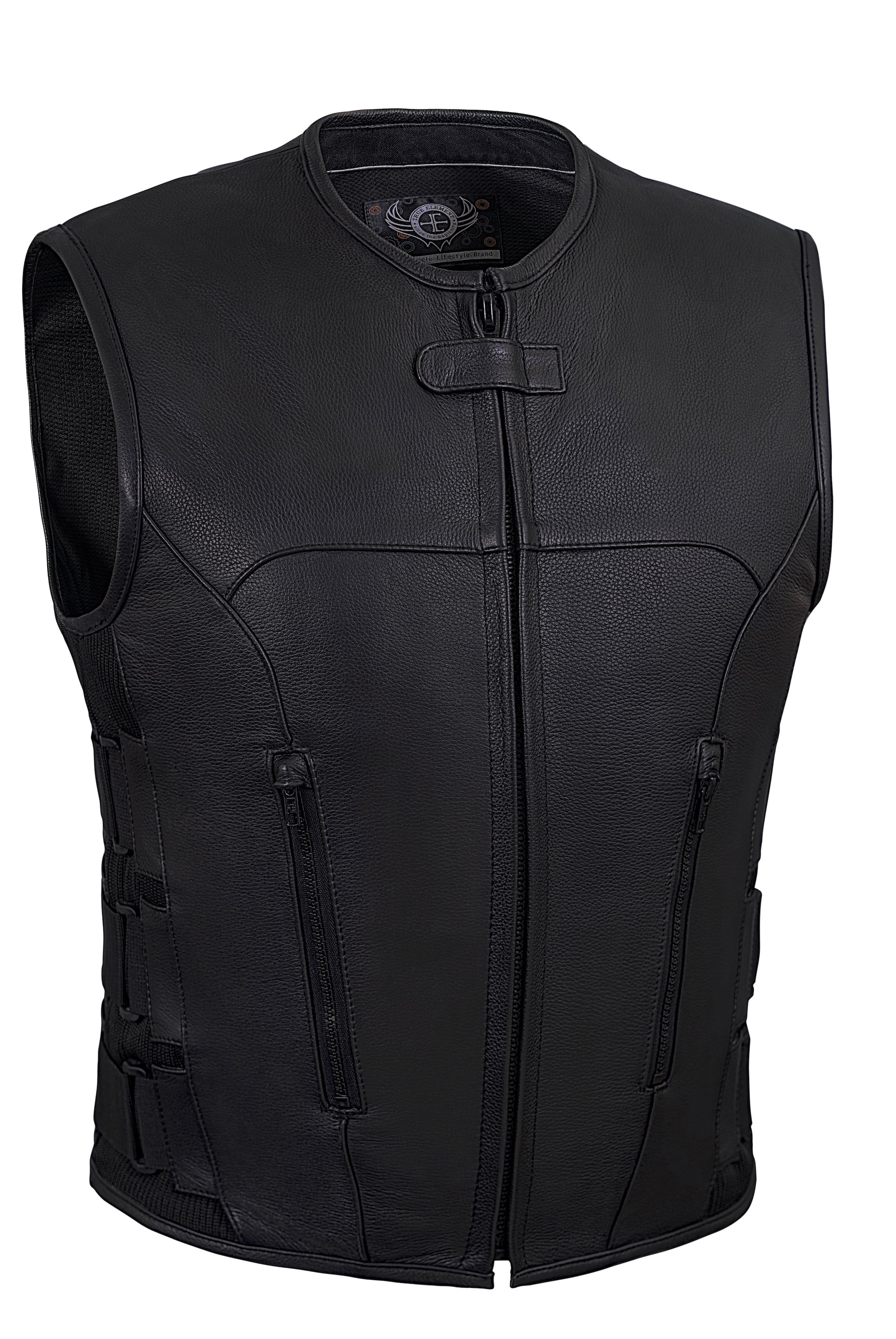 True Element Men's Swat Team Style Motorcycle Leather Vest with Side Size Adjustment (Black,4XL