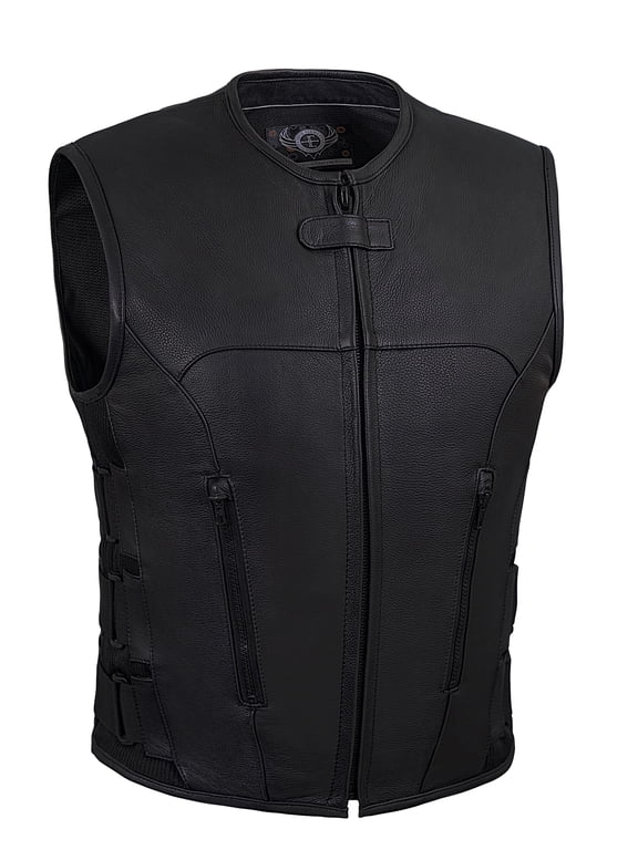 Men's Swat Team Style Motorcycle Leather Vest with Side Size Adjustment (Black, 5XL)