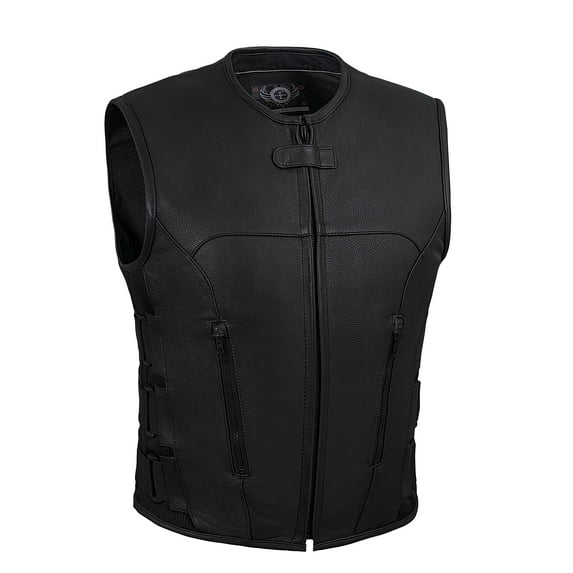 True Element Men's Swat Team Style Motorcycle Leather Vest with Side Size Adjustment (Black, XX-Large)
