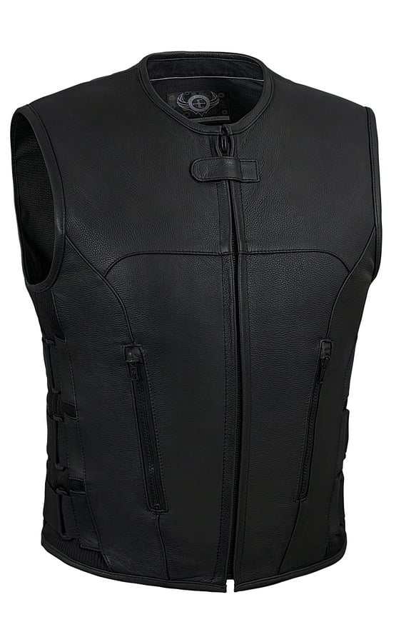 Men's Swat Team Style Motorcycle Leather Vest with Side Size Adjustment (Black, XXX-Large)