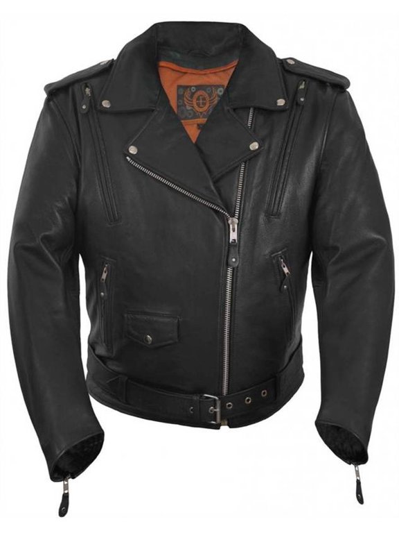 Men's Traditional, Vented Motorcycle Leather Jacket (Black, XXXX-Large)