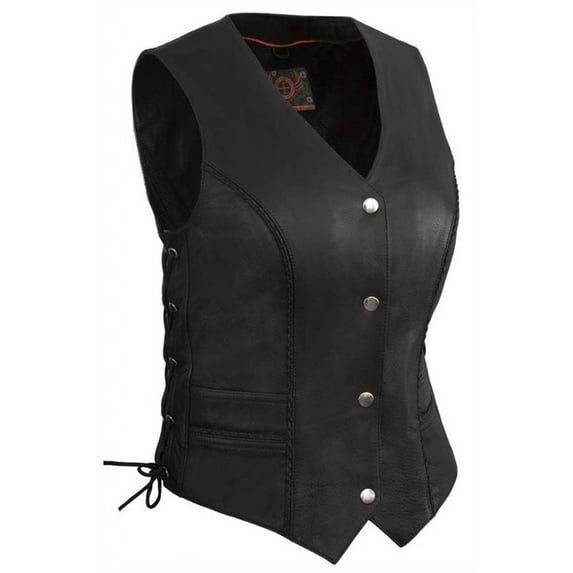 True Element Women's Braided Leather Vest With Side Laces (Black, Size 2XL)