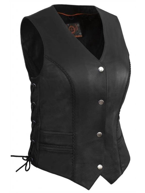 Women's Braided Leather Vest With Side Laces (Black, Size L)