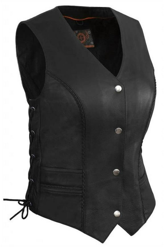Women's Braided Leather Vest With Side Laces (Black, Size L)