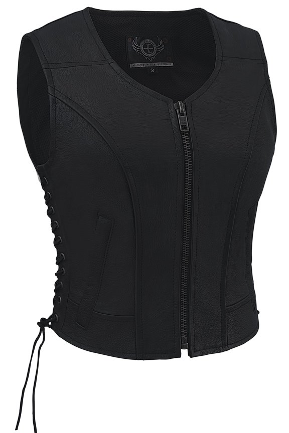 Women's Fitted Side Laced Leather Vest with Zip Front Closure (Black, Large)