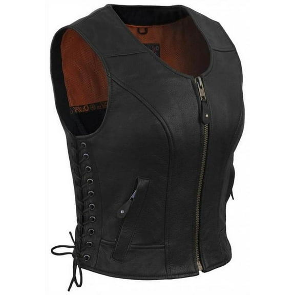True Element Women's Fitted Side Laced Leather Vest with Zip Front Closure (Black, Small)