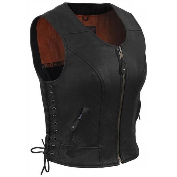 True Element Women's Fitted Side Laced Leather Vest with Zip Front Closure (Black, X-Large)