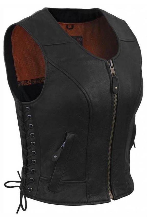 Women's Fitted Side Laced Leather Vest with Zip Front Closure (Black, X-Large)