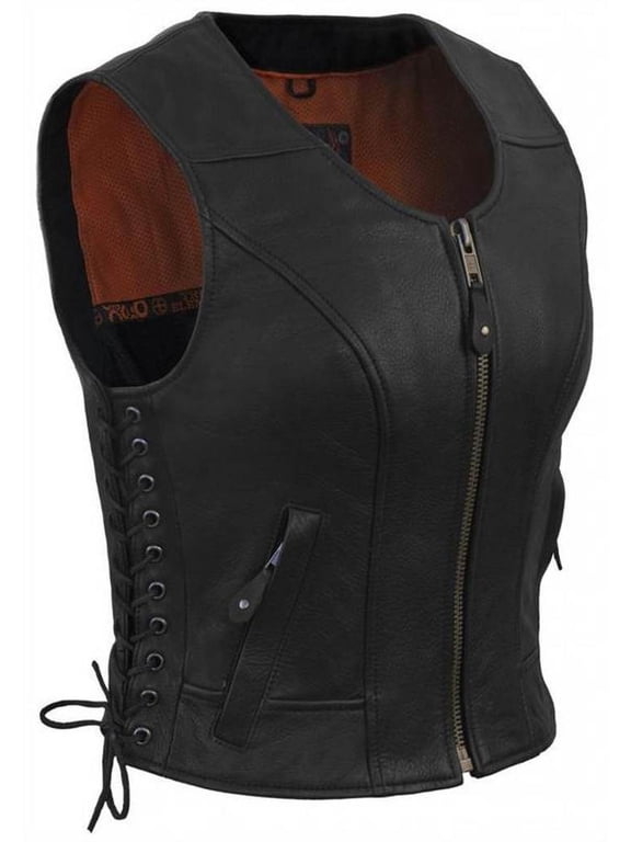 Women's Fitted Side Laced Leather Vest with Zip Front Closure (Black, X-Large)