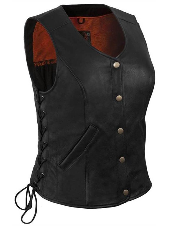 Women's Longer Length Leather Vest With Side Laces (Black, Size 3XL)