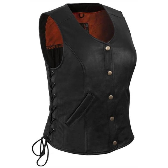 True Element Women's Longer Length Leather Vest With Side Laces (Black, Size XL)