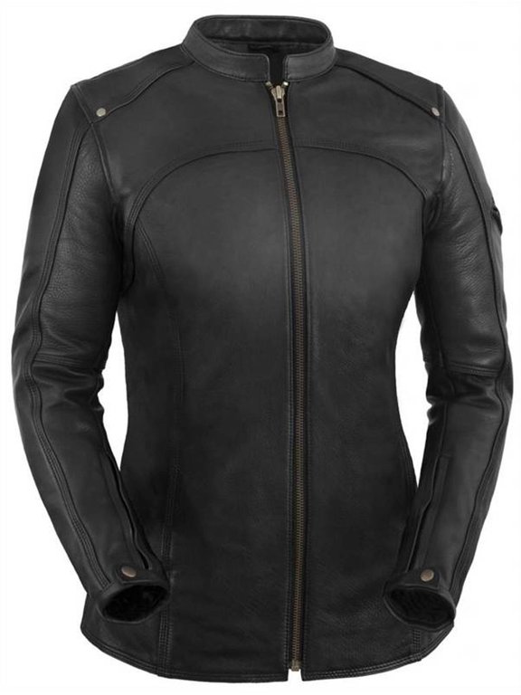 Women's Longer Length Scooter Collar Motorcycle Leather Jacket (Black, Size 3XL)