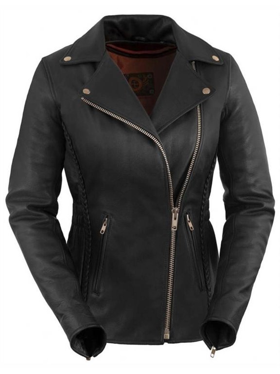 Women's Premium Braided Motorcycle Leather Jacket (Black, Size 3XL)