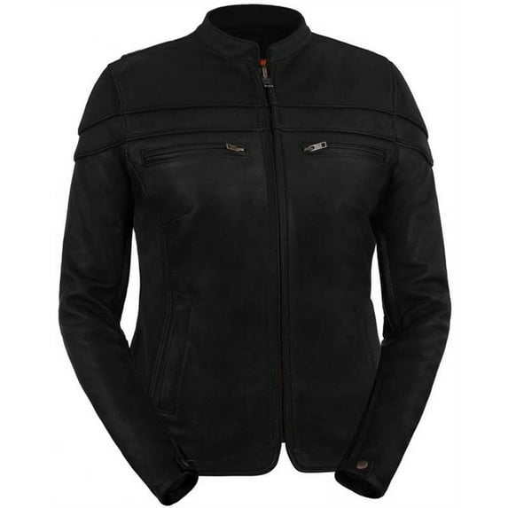 True Element Women's Premium Leather Vented Scooter Style Jacket (Black, Large)