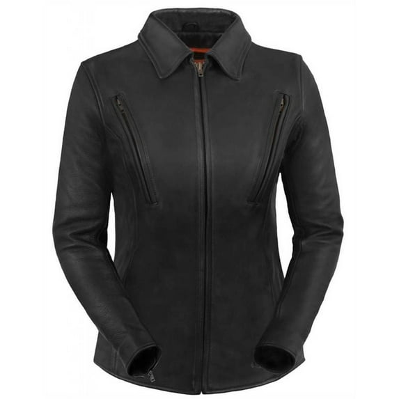 True Element Women's Premium Longer Length Leather Jacket (Black, Size XL)