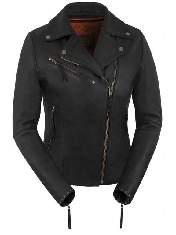 Women's Premium Riveted Asymmetrical Motorcycle Leather Jacket (Black, Size 3XL)