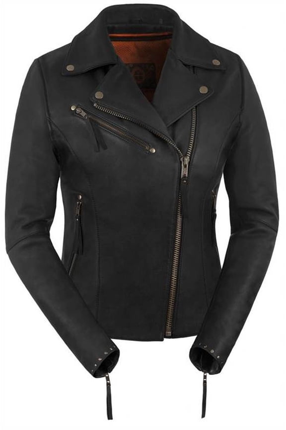 Women's Premium Riveted Asymmetrical Motorcycle Leather Jacket (Black, Size XL)
