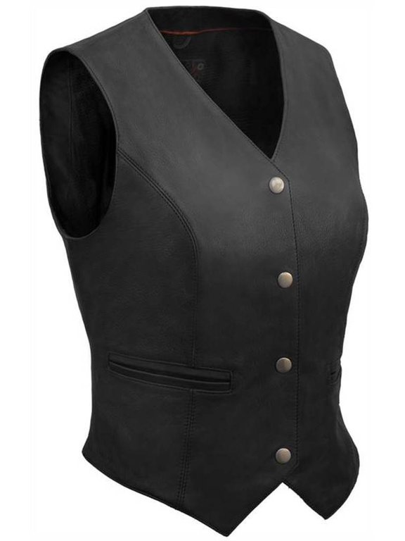 Women's Premium Snap Front Fitted Leather Vest (Black, Size 2XL)