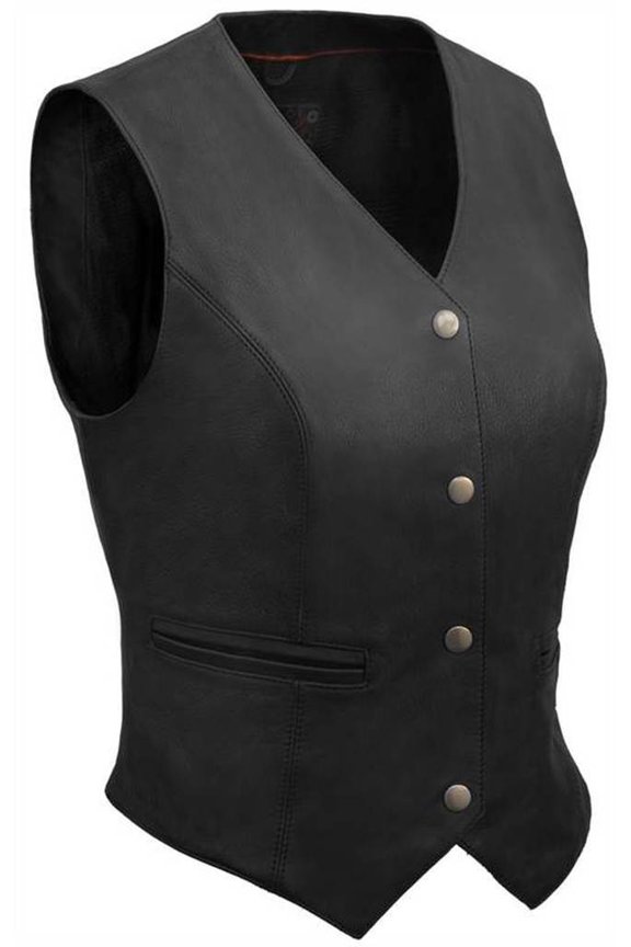 Women's Premium Snap Front Fitted Leather Vest (Black, Size XL)