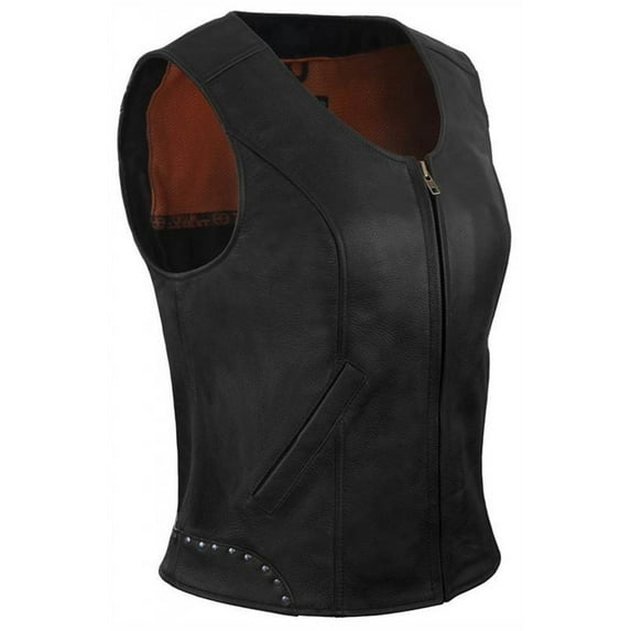 True Element Women's Rivet Accented Zip Front Leather Vest (Black, Size L)