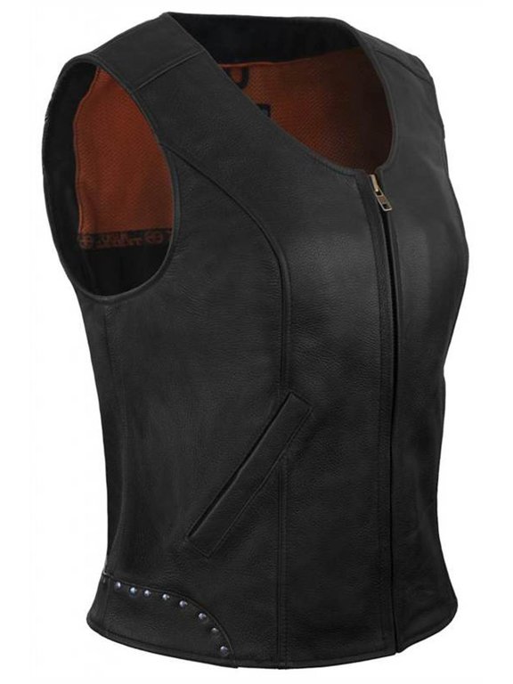 Women's Rivet Accented Zip Front Leather Vest (Black, Size XL)