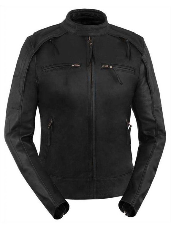 Women's Scooter Leather Jacket With Reflective Piping (Black, Size 2XL)