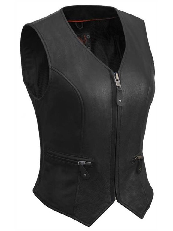 Women's Short Fitted Leather Vest With Side Stretch Panel (Black, Size M)