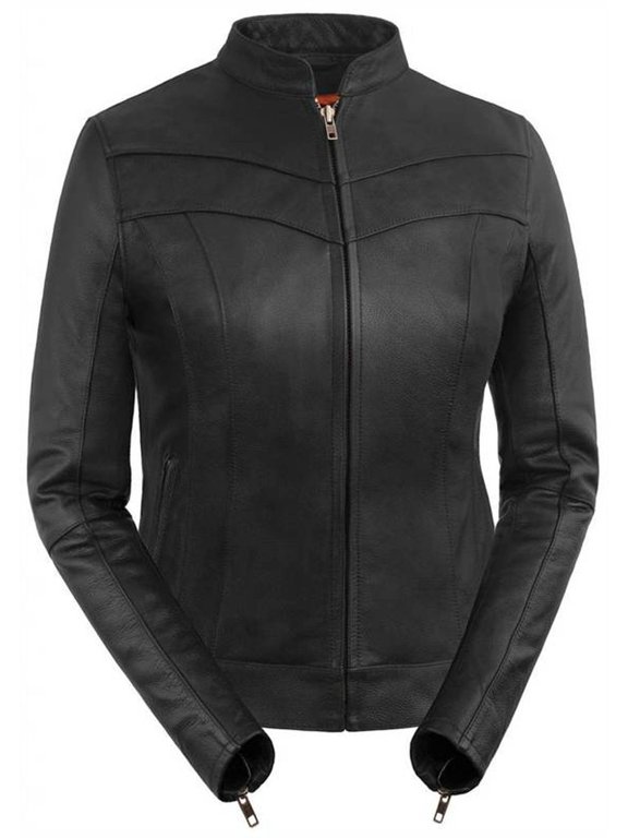 Women's Side Buckle Fitted Scooter Leather Jacket (Black, Size 2XL)