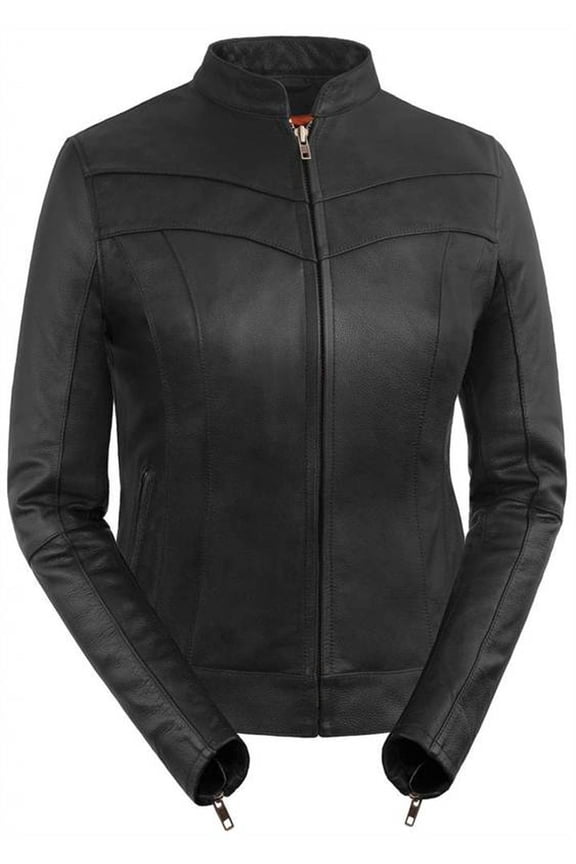 Women's Side Buckle Fitted Scooter Leather Jacket (Black, Size 2XL)