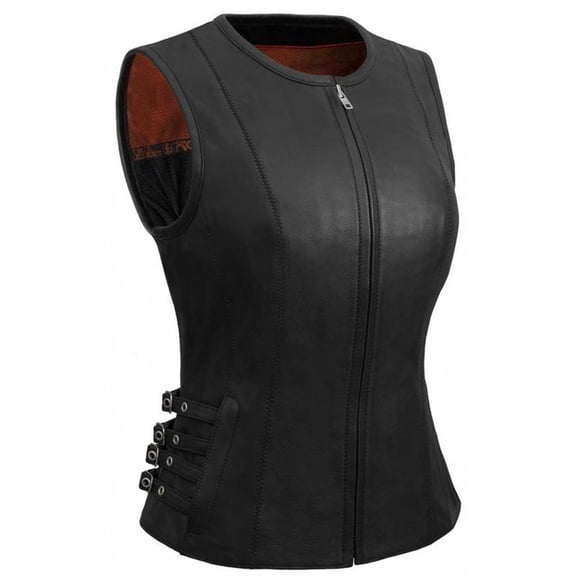 True Element Women's Side Buckled Zip Front Leather Vest (Black, Size 3XL)