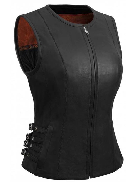 Women's Side Buckled Zip Front Leather Vest (Black, Size 3XL)
