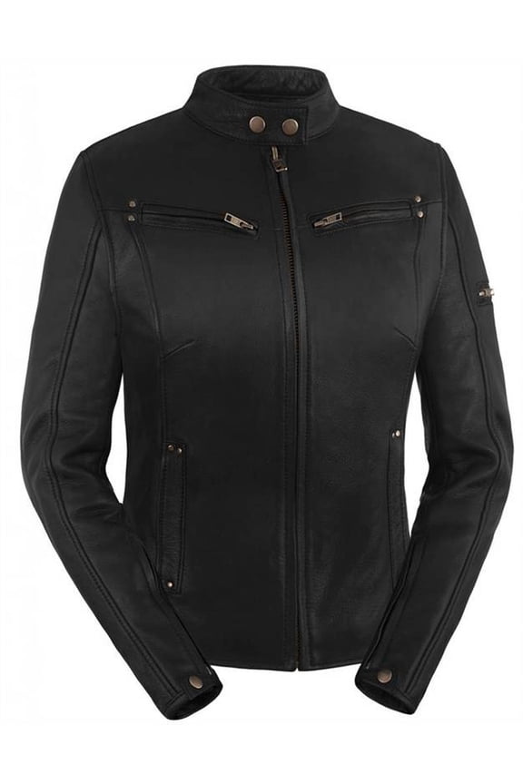 Women's Sleek Vented Scooter Style Motorcycle Leather Jacket (Black, Large)