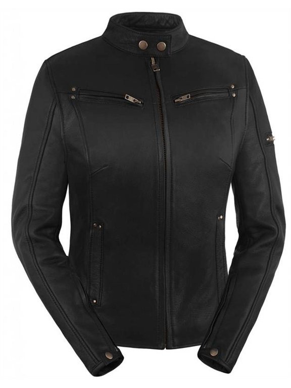 Women's Sleek Vented Scooter Style Motorcycle Leather Jacket (Black, XX-Large)