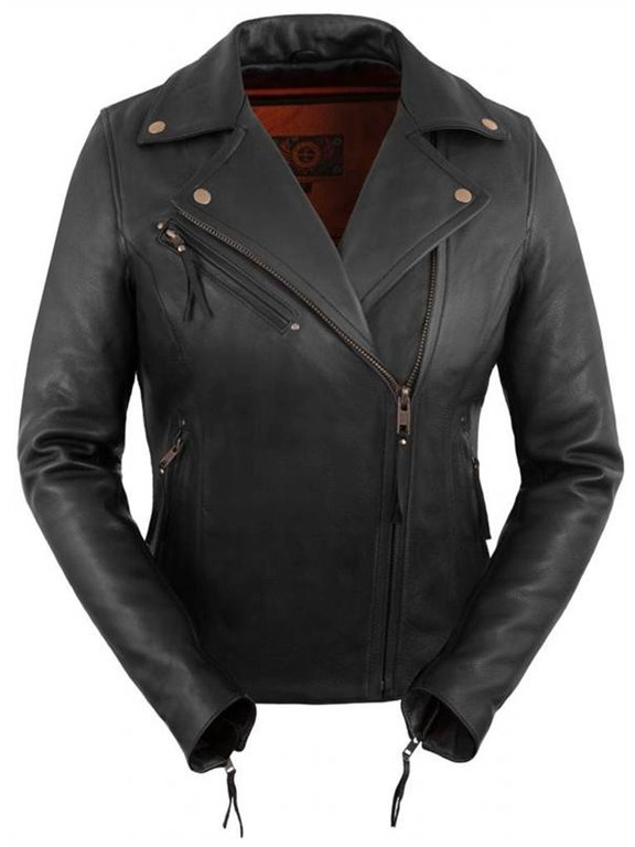 Womens Premium Vented Asymmetrical Motorcycle Leather Jacket (Black, L)