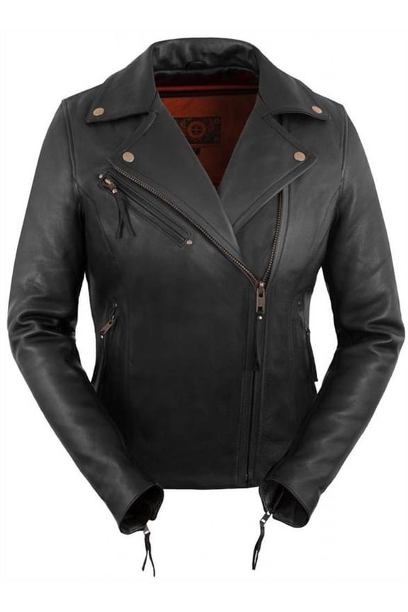 Womens Premium Vented Asymmetrical Motorcycle Leather Jacket (Black, L)