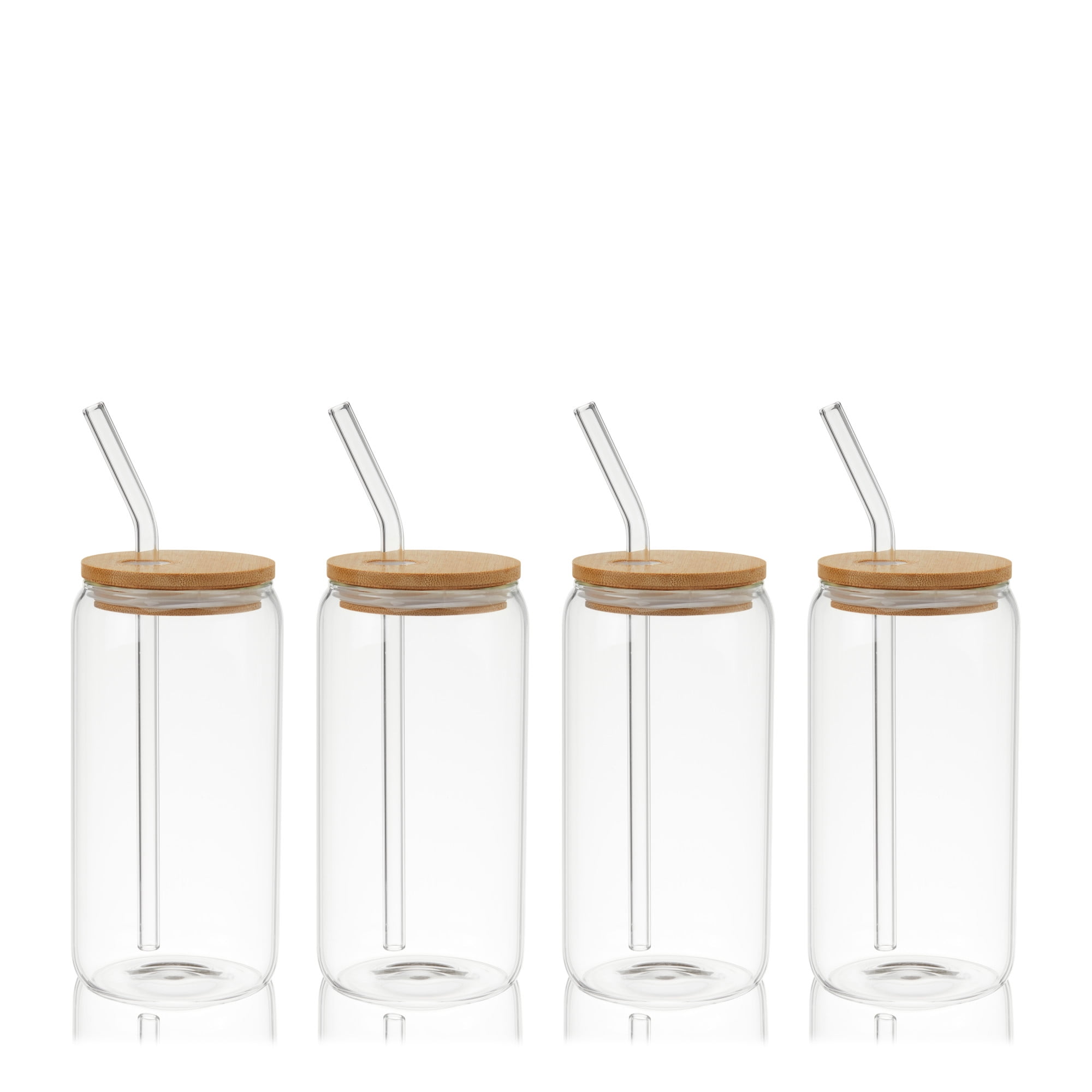 Clear Glass Travel Tumblers with Bamboo Lids and Straws, 16 oz, Set of 4