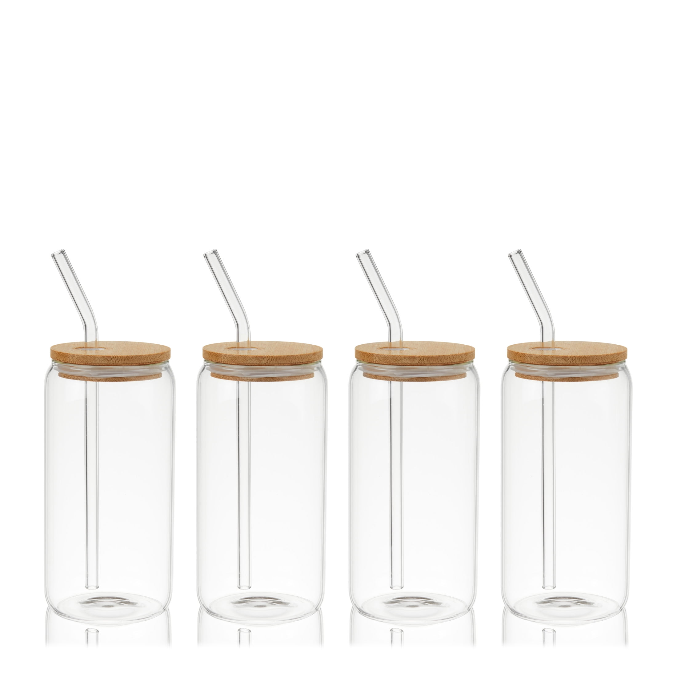 Clear Glass Travel Tumblers with Bamboo Lids and Straws, 16 oz, Set of 4