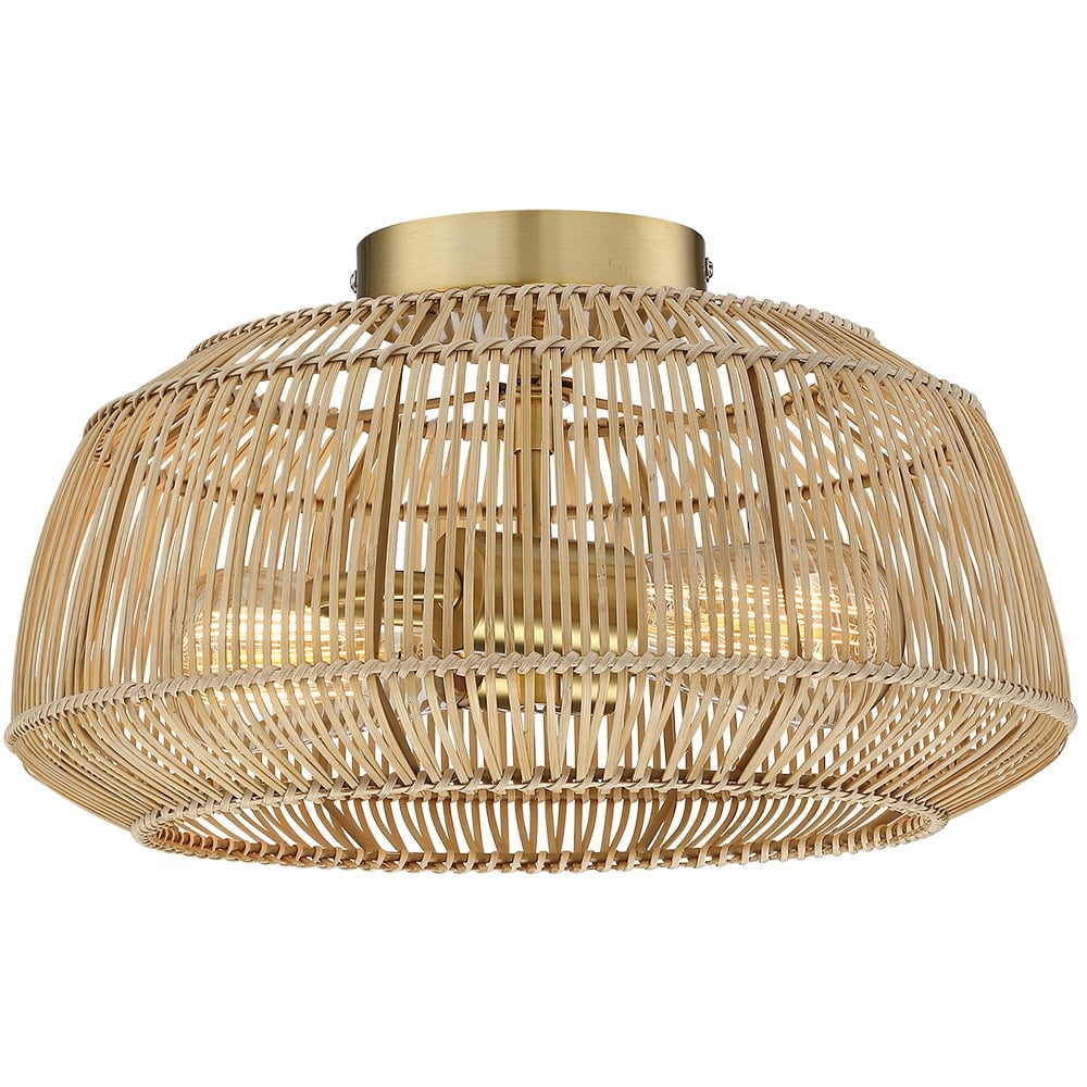 Bohemian Natural Rattan and Brass LED Semi-Flush Mount Light
