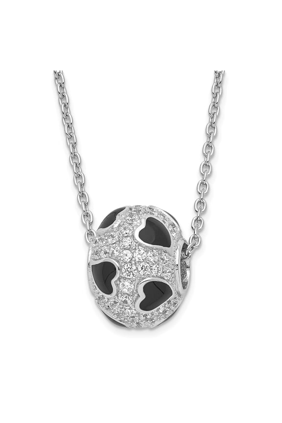 Sterling Silver Black Enamel & CZ True Fire Heart Bead Necklace