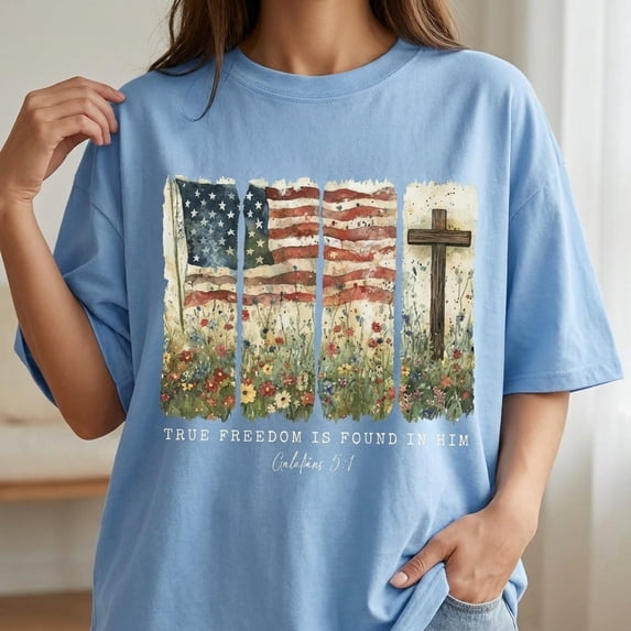 True Freedom Is Found In Him Galatians 5:1 T-Shirt - Patriotic Christian American Flag Shirt, Religious Cross Wildflowers Graphic Tee, 4th of July USA Pride Gifts for Men Women