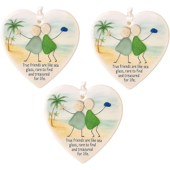 True Friends are Like Sea Glass, 3pc Heart-Shaped Sea Glass Friendship Decor, Timeless Friendship Heart Keepsake, Heart Acrylic Hanging Decorations, Birthday Gifts for Best Friend Women