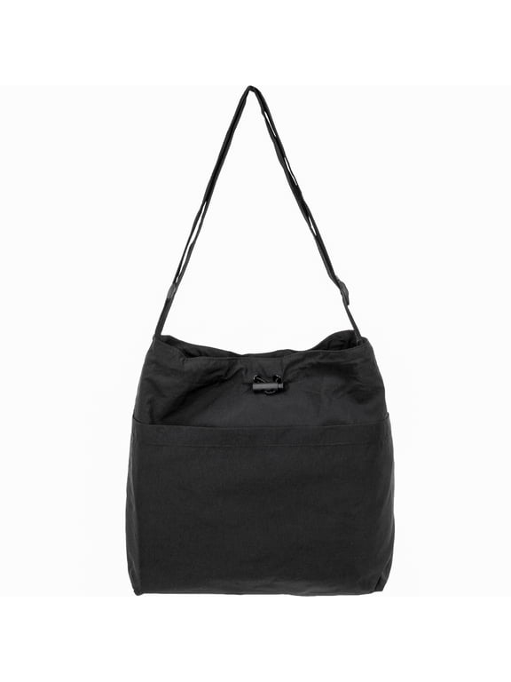 Women's Nylon Beach Bucket Bag with Drawstring Closure and Crossbody Strap, Black