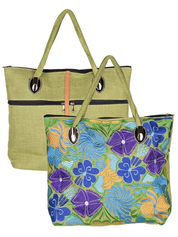 Reversible Canvas Tote Bag for Women, Green Floral Print