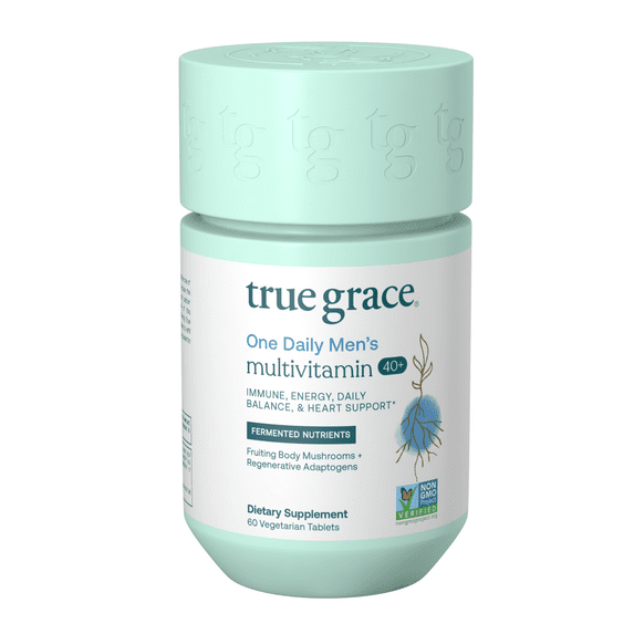 True Grace Men's 40+ One Daily Multivitamin Fermented Minerals, Organic Adaptogens & Mushrooms Whole Body Balance Immune, Endurance, Bone & Heart Support Supplement - Non-GMO - 60 Vegan Tablets