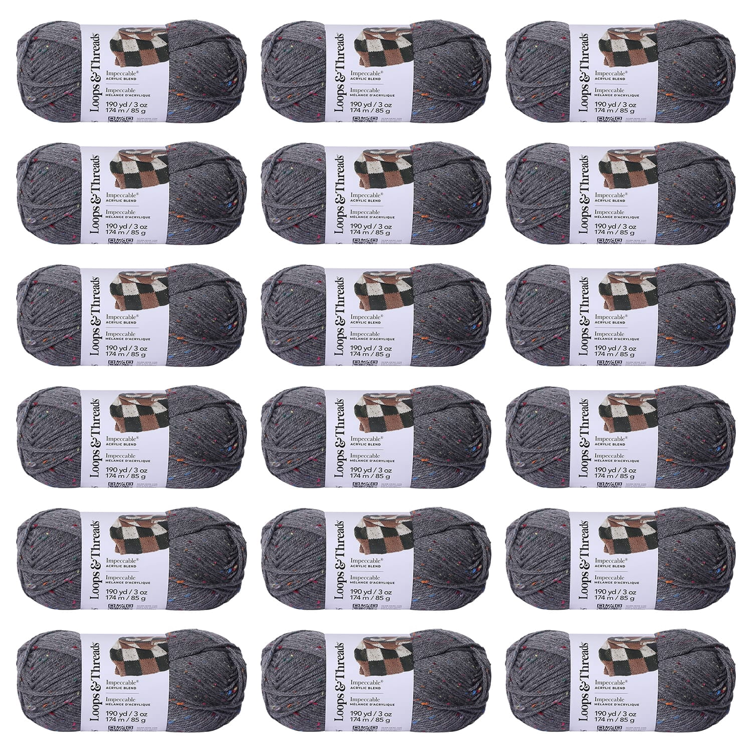 Loops & Threads True Gray Impeccable Tweed Yarn - Medium Weight Yarn for Knitting, Crochet, Weaving, Arts & Crafts, 18 Pack