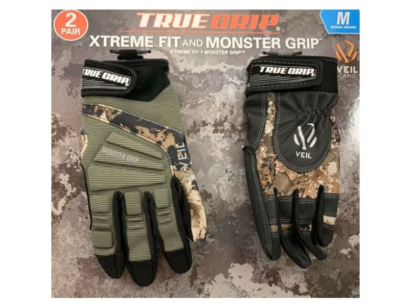 True Grip 97511 Camo Gloves Xtreme Fit Gloves & Monster Grip Gloves Large 2 Packs in Veil Camo