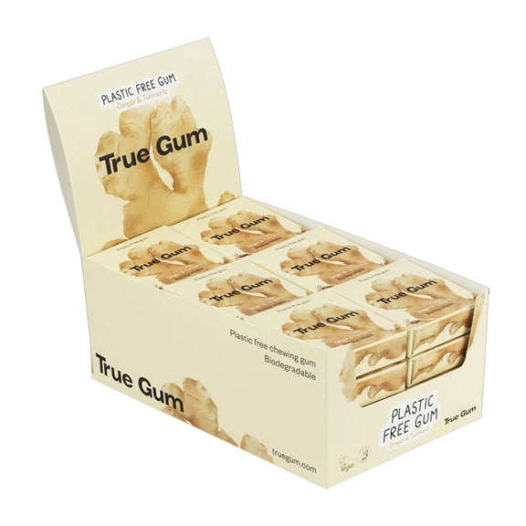 True Gum Plastic Free Chewing Gum Ginger & Turmeric Biodegradable 21g (Box of 24)