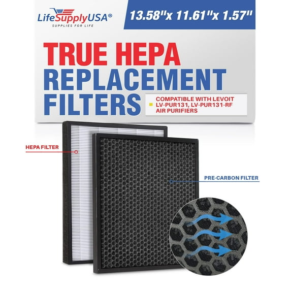 LifeSupplyUSA 2-in-1 True HEPA Air Cleaner Replacement Filter + Activated Carbon Charcoal Compatible with Levoit LV-PUR131, LV-PUR131-RF Air Purifiers