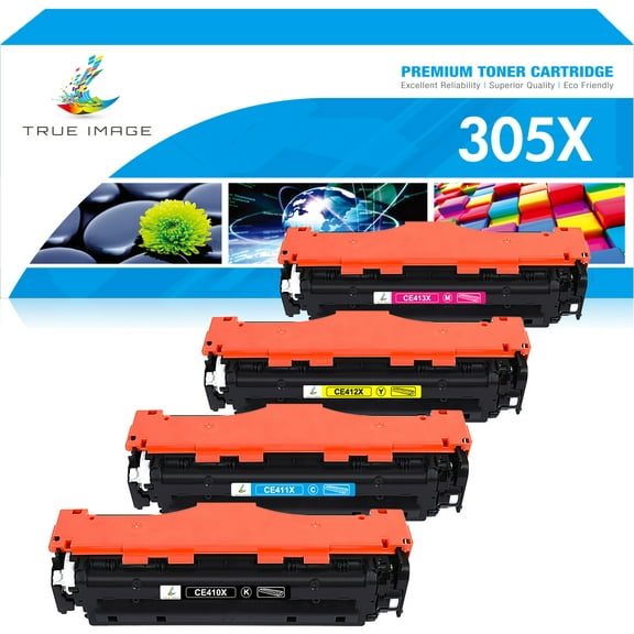 True Image 4-Pack Compatible Toner Cartridge for HP CE410X 305X Work with Pro 400 Color M451 MFP M475 CP2025 CM2320 Printer (Black,Cyan,Magenta,Yellow)